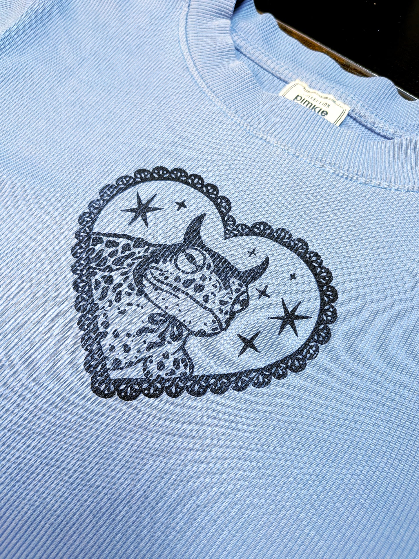 Blue long sleeved crop top with black Devilish Toad & Chains [XS/S]