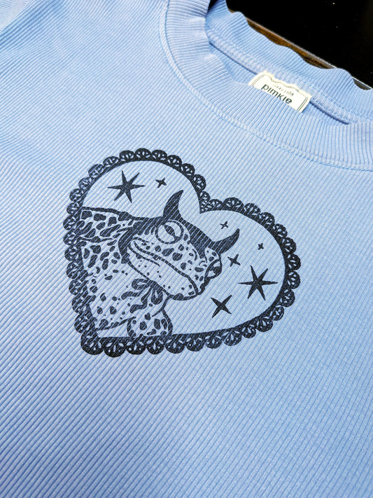 Blue long sleeved crop top with black Devilish Toad & Chains [XS/S]