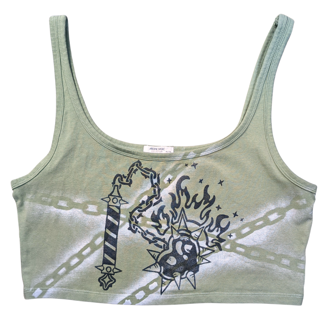 Khaki crop top with black Heart Flail & silver Chains [XL]