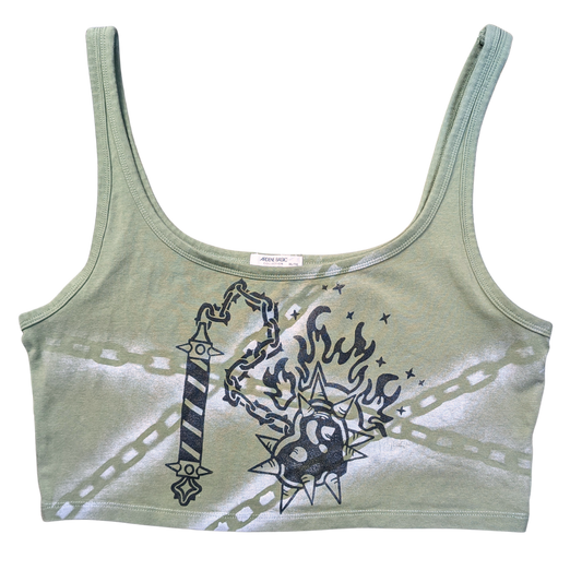 Khaki crop top with black Heart Flail & silver Chains [XL]