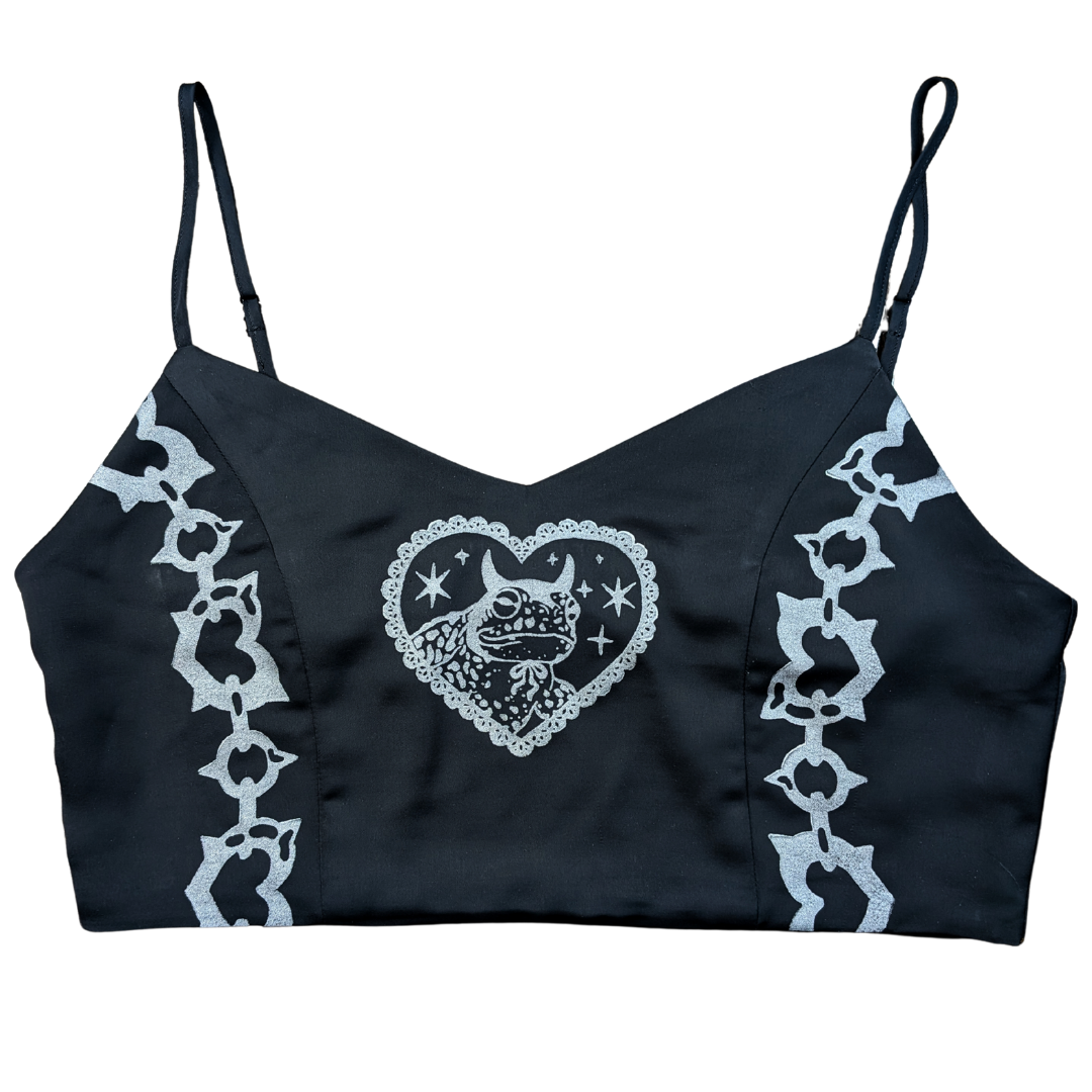 Black crop top with silver Devilish Toad & Chains [M]