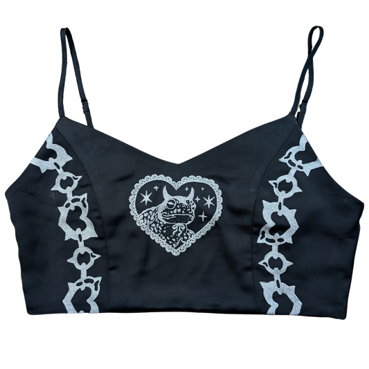 Black crop top with silver Devilish Toad & Chains [M]