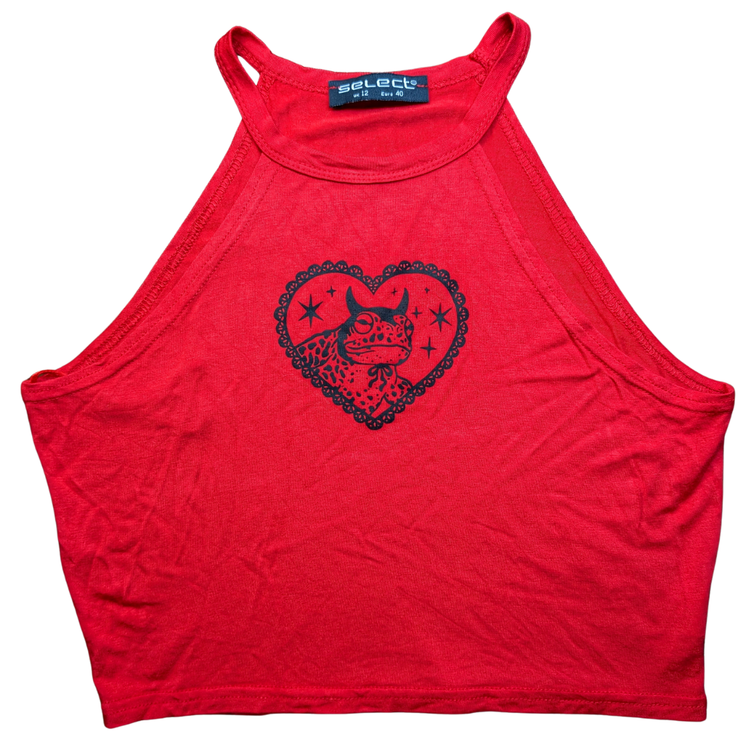 Red crop top with black Devilish Toad [L/XL]