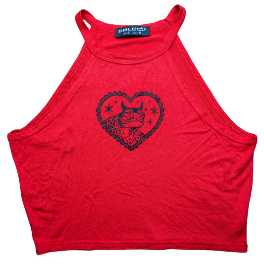 Red crop top with black Devilish Toad [L/XL]