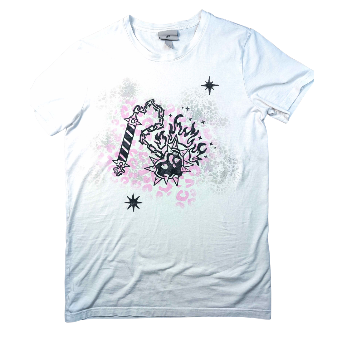 White shirt with pink panther pattern & black Heart Flail [M/L]