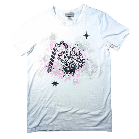 White shirt with pink panther pattern & black Heart Flail [M/L]