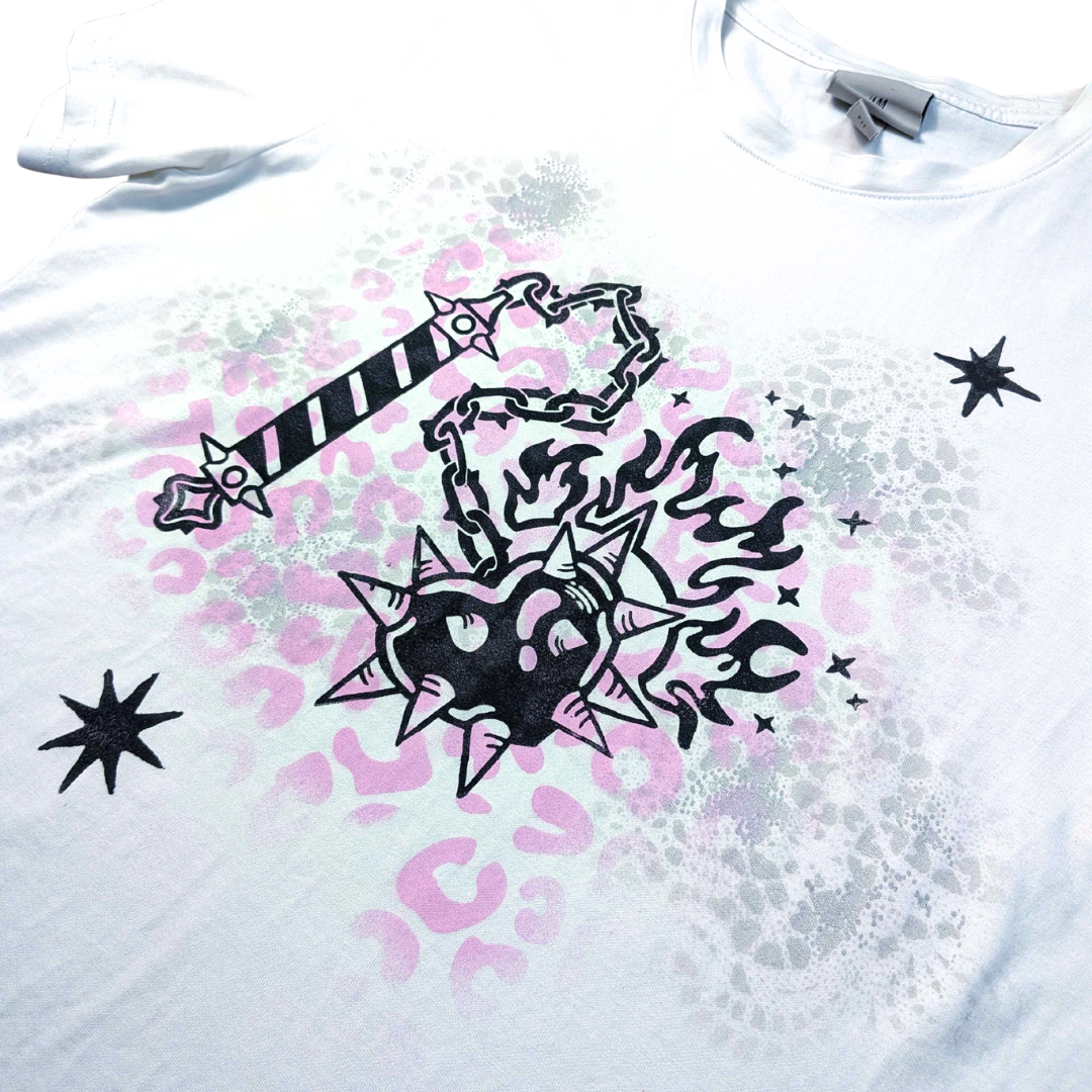 White shirt with pink panther pattern & black Heart Flail [M/L]