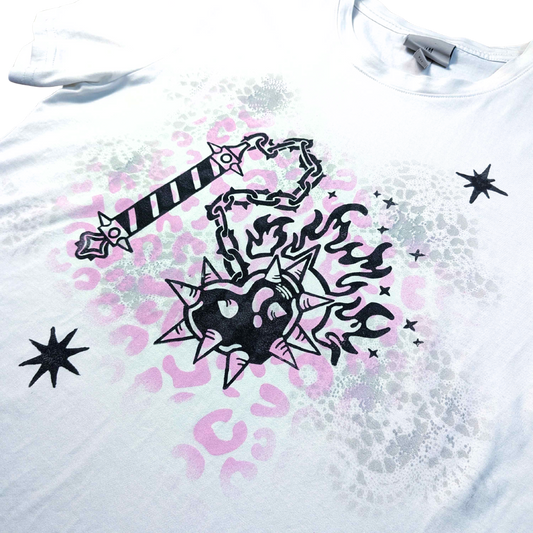 White shirt with pink panther pattern & black Heart Flail [M/L]