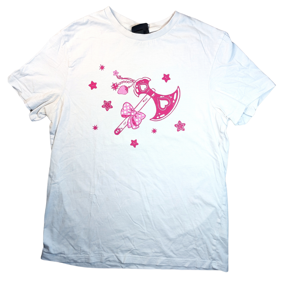 Camisa blanca con hacha rosa y estrellas con botones [M/L]