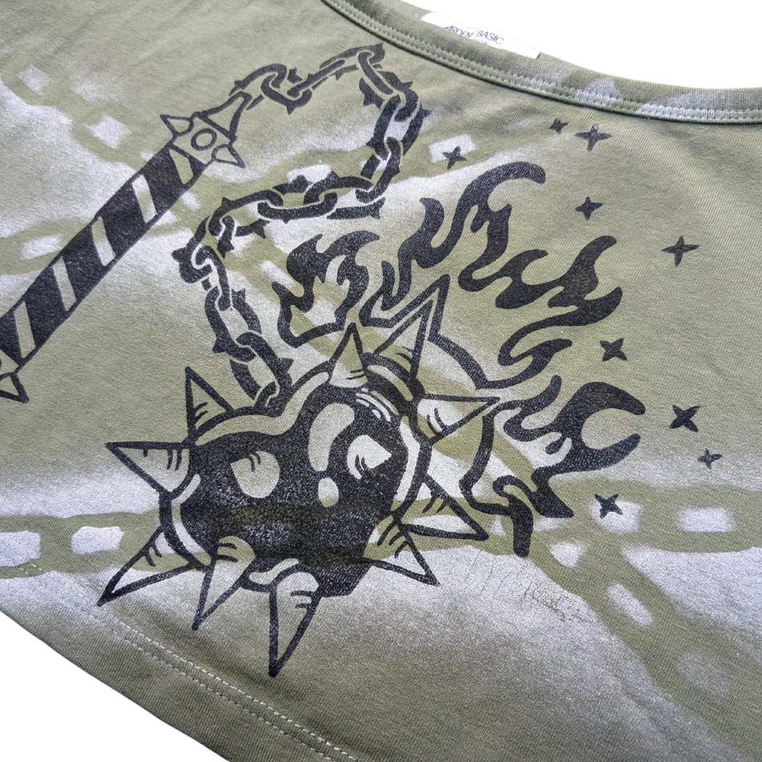 Khaki crop top with black Heart Flail & silver Chains [XL]