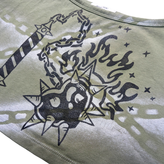 Khaki crop top with black Heart Flail & silver Chains [XL]