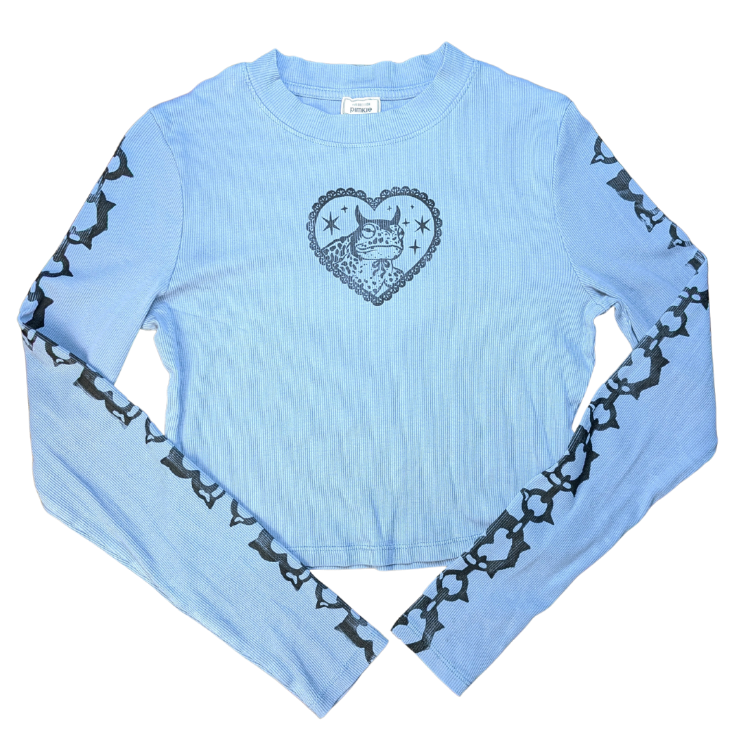 Blue long sleeved crop top with black Devilish Toad & Chains [XS/S]