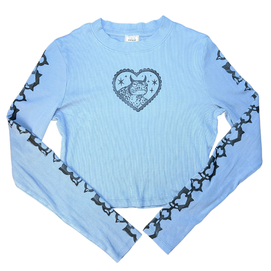 Blue long sleeved crop top with black Devilish Toad & Chains [XS/S]