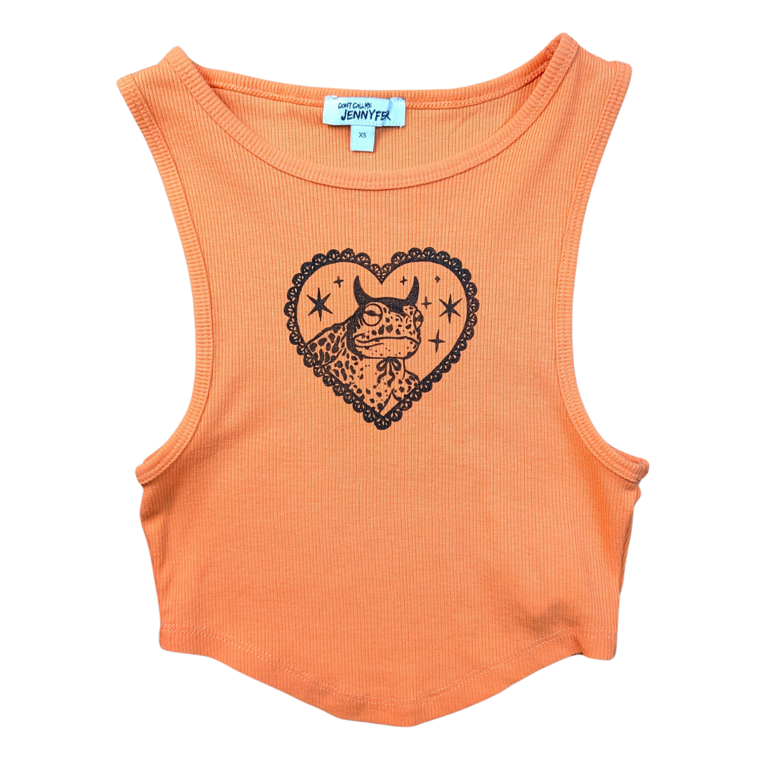 Peach/Orange crop top with black Devilish Toad [XXS/XS]
