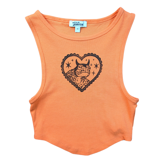 Peach/Orange crop top with black Devilish Toad [XXS/XS]
