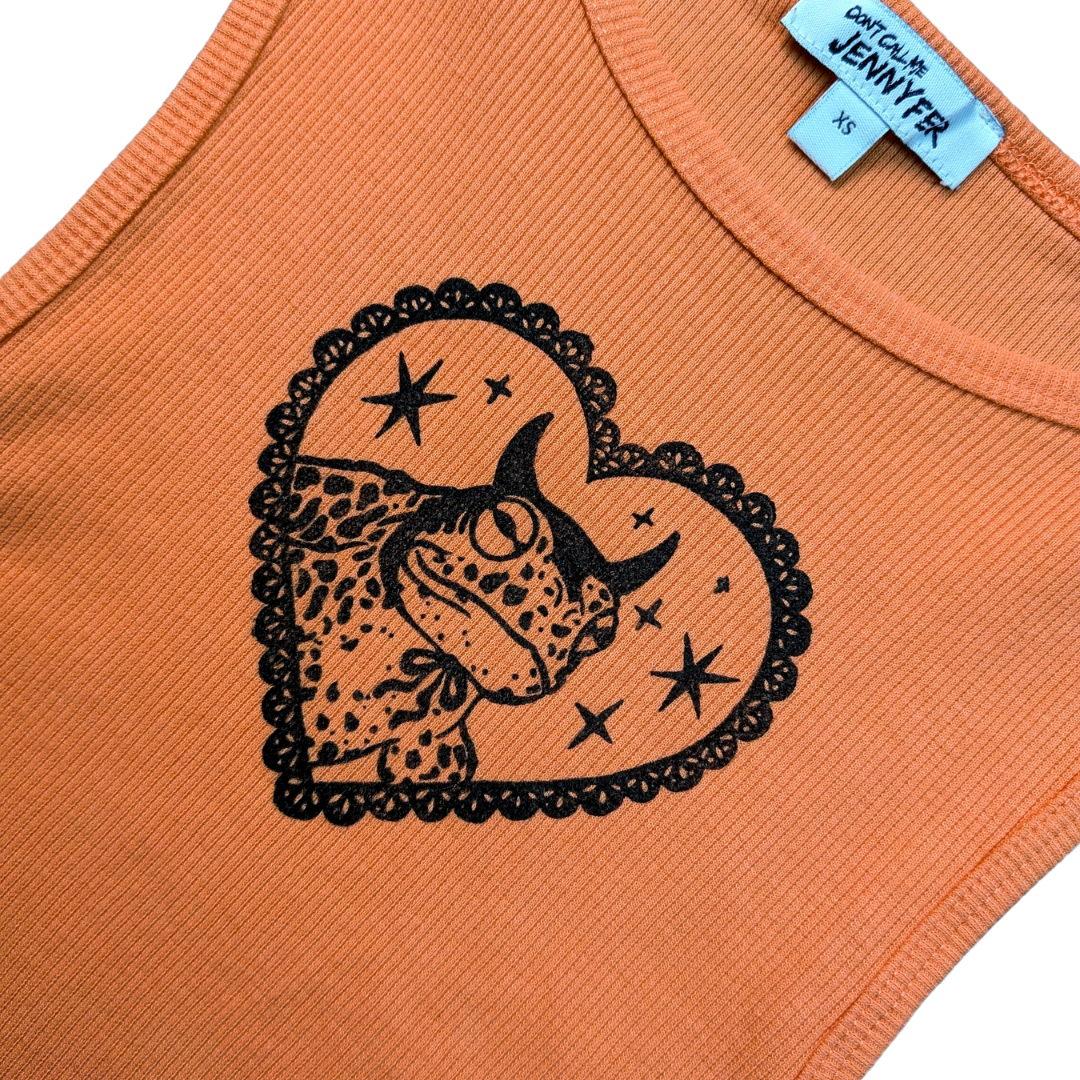 Peach/Orange crop top with black Devilish Toad [XXS/XS]