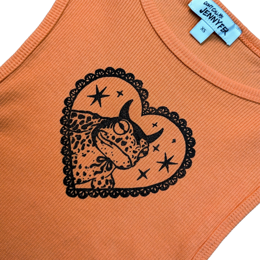 Peach/Orange crop top with black Devilish Toad [XXS/XS]
