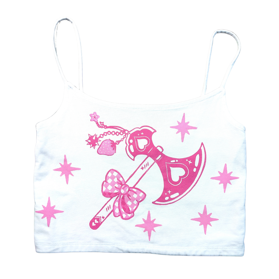White crop top with Pink Trinkets Axe [XS]