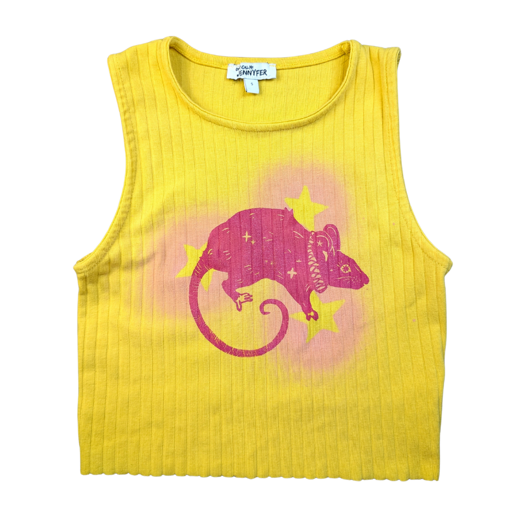 Yellow crop top with pink Stars and Rat [XS]