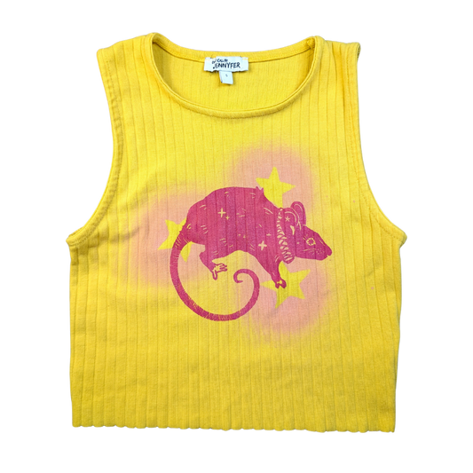 Yellow crop top with pink Stars and Rat [XS]