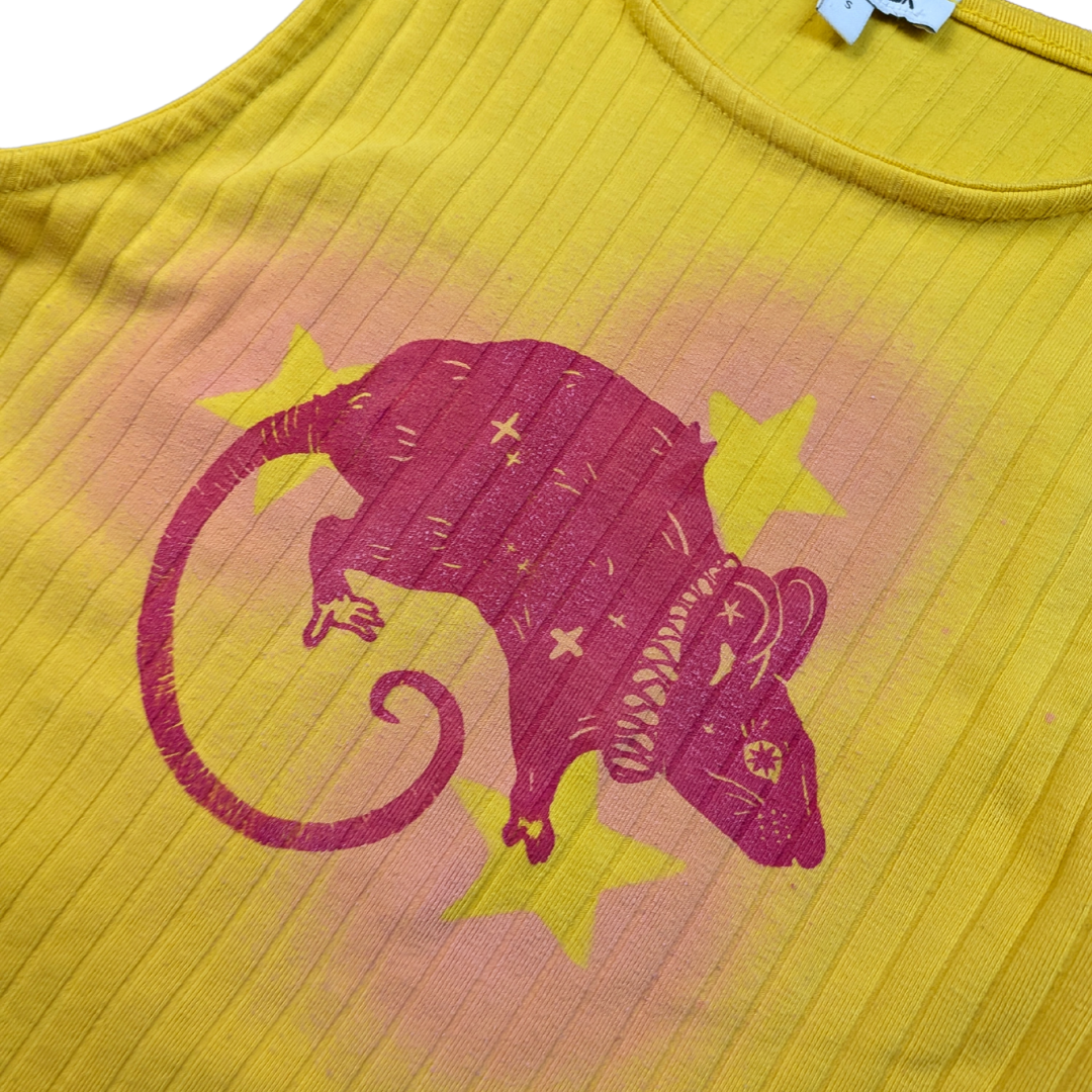 Yellow crop top with pink Stars and Rat [XS]