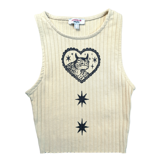 Beige crop top with black Devilish Toad & Stars [XXS/XS]