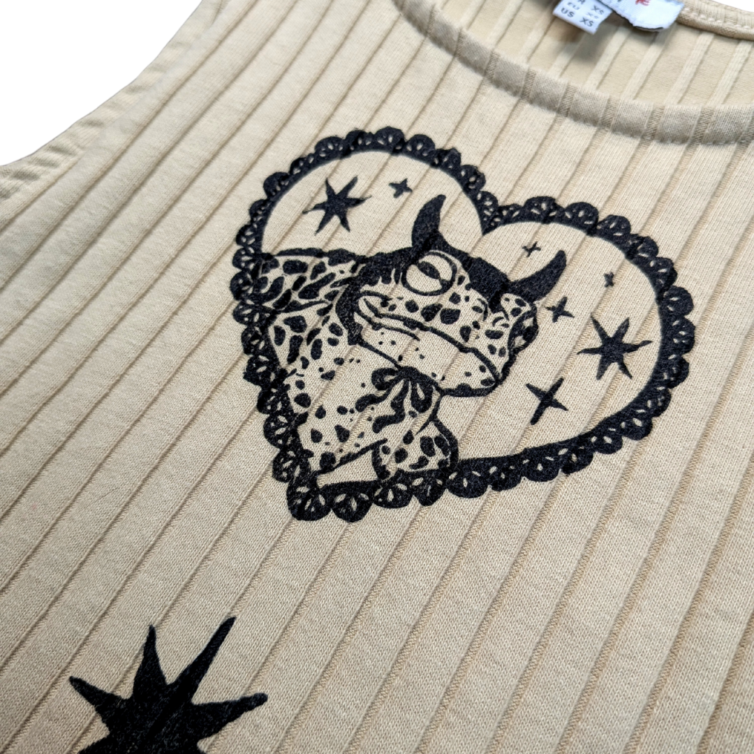 Beige crop top with black Devilish Toad & Stars [XXS/XS]