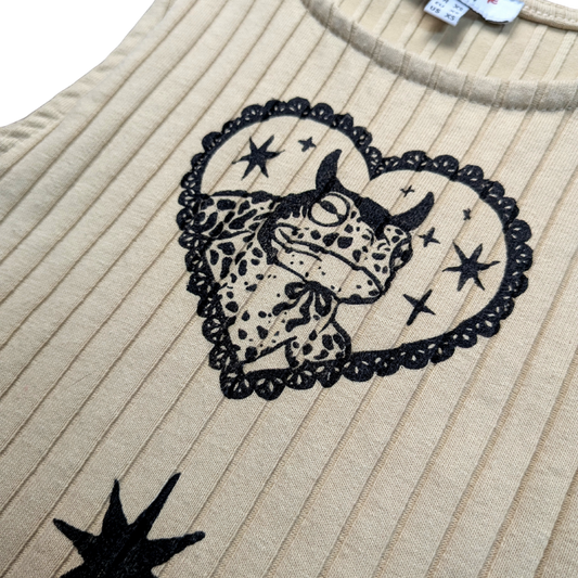 Beige crop top with black Devilish Toad & Stars [XXS/XS]