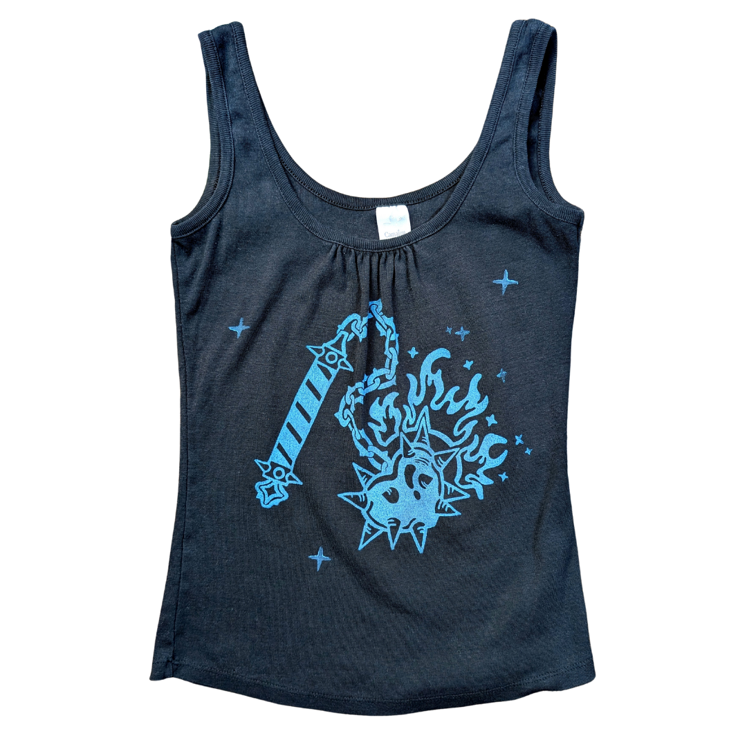 Black tank top with blue Heart Flail [S]