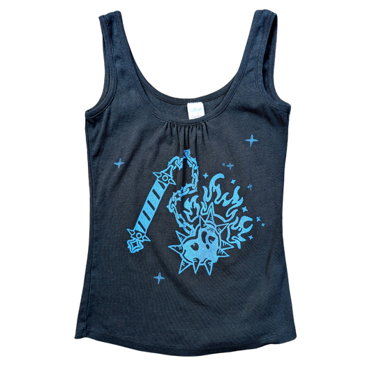 Black tank top with blue Heart Flail [S]