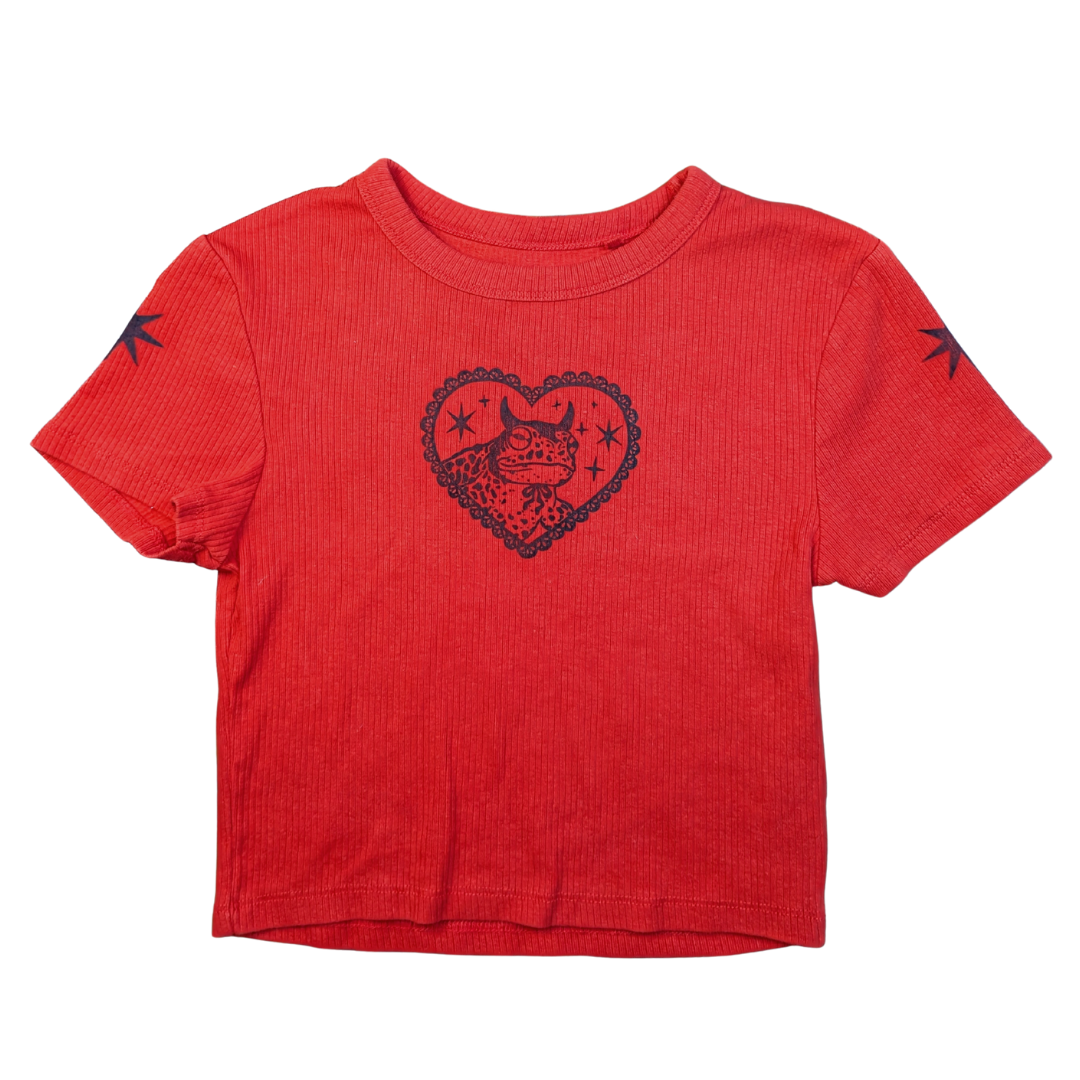 Red crop top with black Devilish Toad and Stars [S]