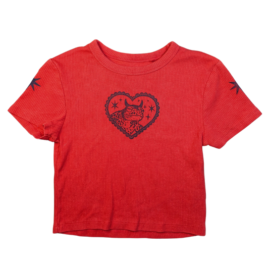 Red crop top with black Devilish Toad and Stars [S]