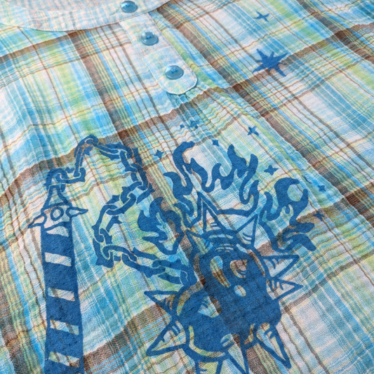 Blue & green checkered shirt with blue Heart Flail & Stars [XL/XXL]
