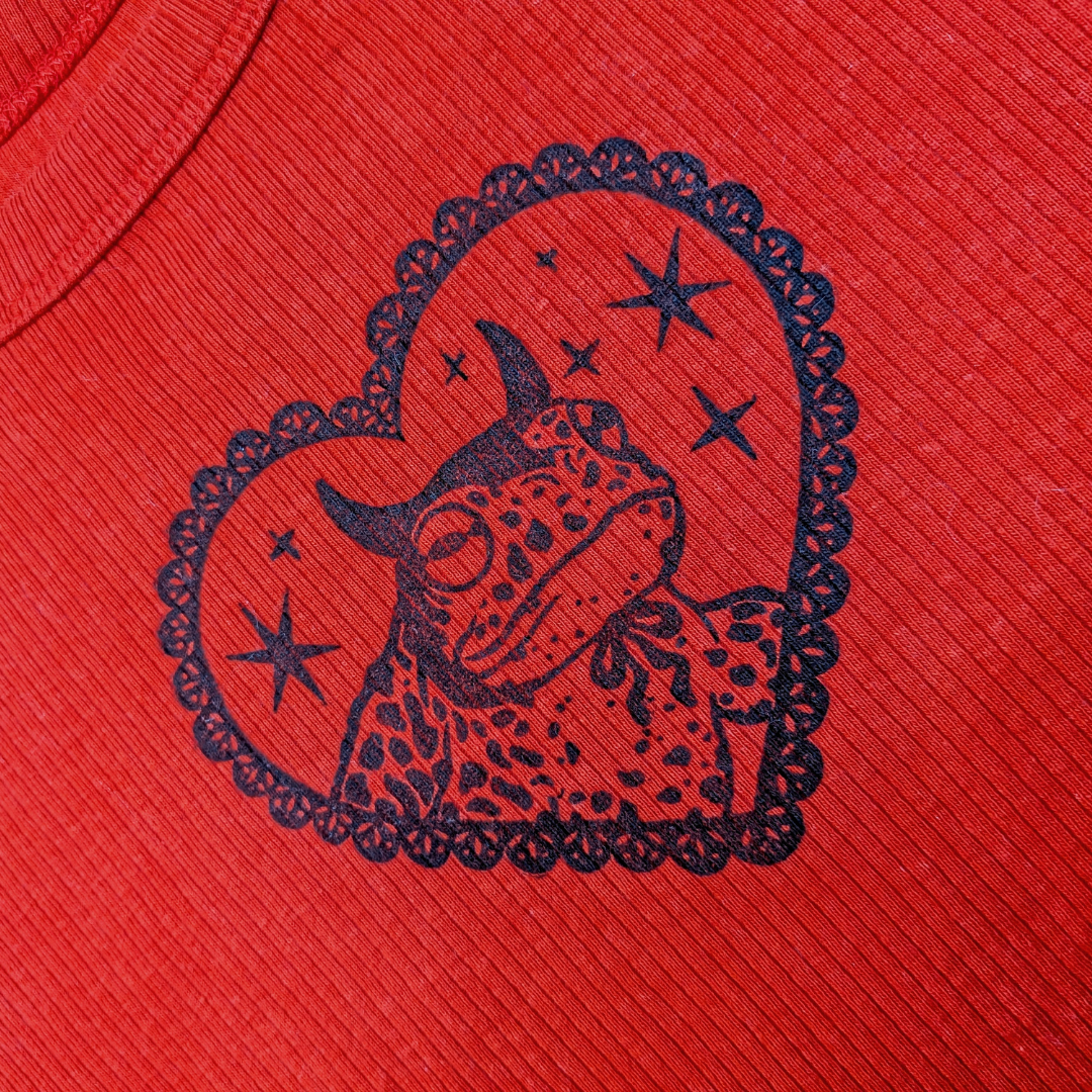 Red crop top with black Devilish Toad and Stars [S]