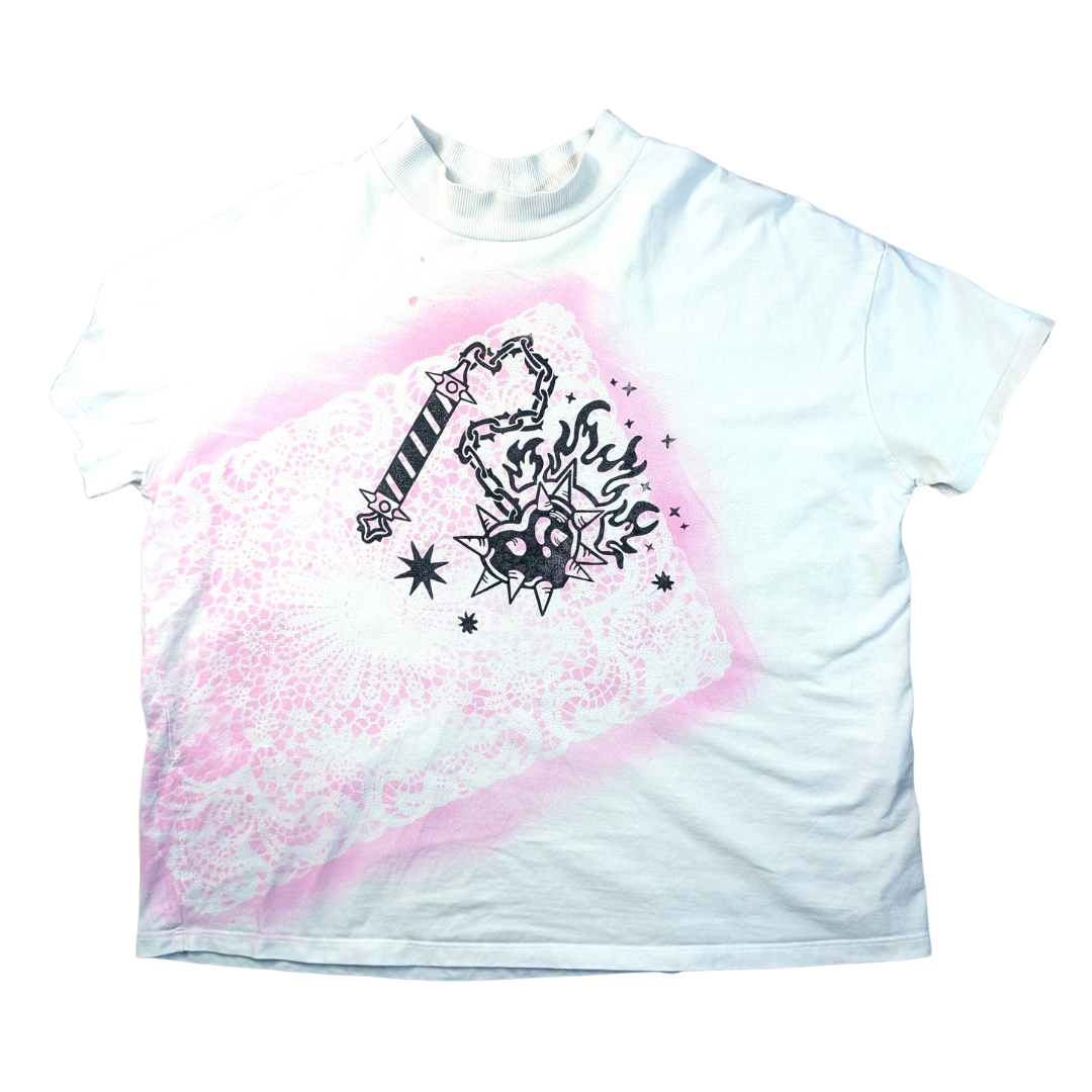 White shirt with pink doily & black Heart Flail [M/L]