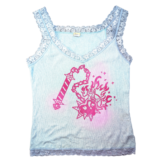 Vintage baby blue lace tank top with pink Heart Flail [M]