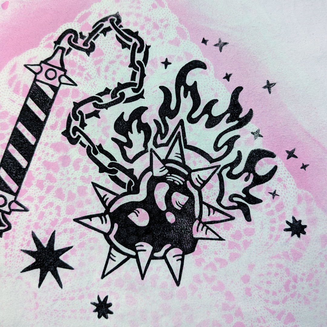 White shirt with pink doily & black Heart Flail [M/L]