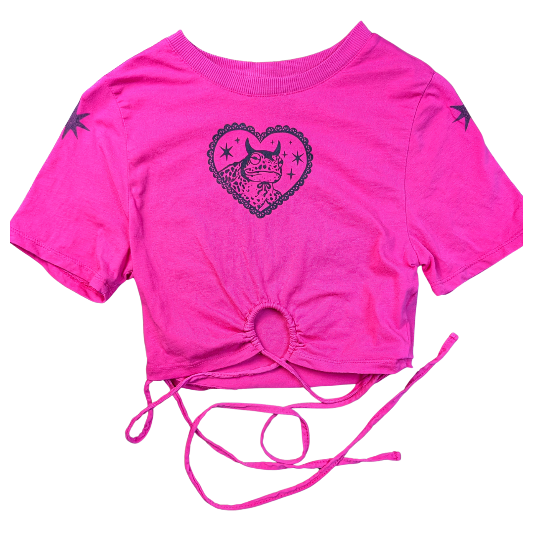 Pink laced crop top with black Devilish Toad & Stars [XXS]