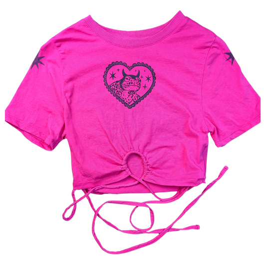 Pink laced crop top with black Devilish Toad & Stars [XXS]