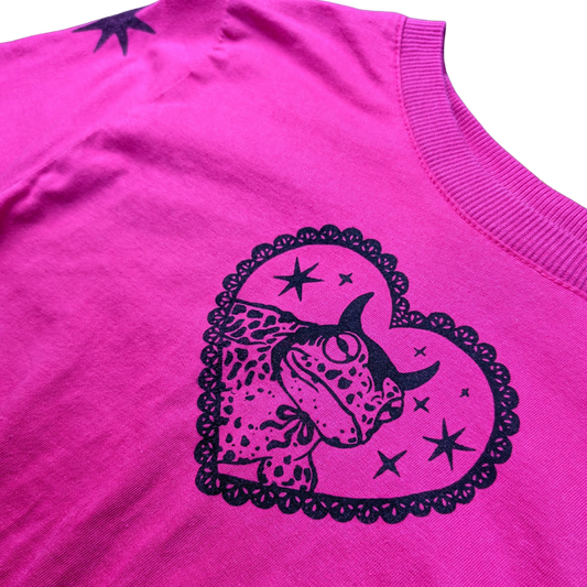 Pink laced crop top with black Devilish Toad & Stars [XXS]