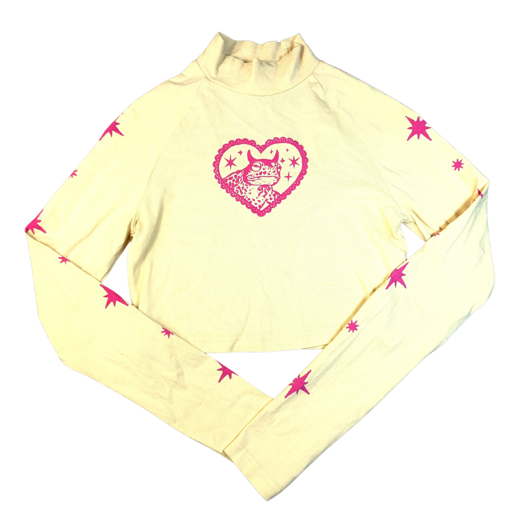 Yellow long sleeved crop top with pink Devilish Toad & Stars [S]
