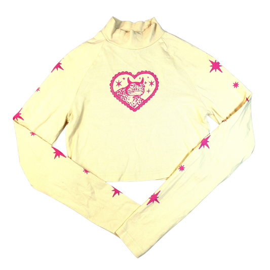 Yellow long sleeved crop top with pink Devilish Toad & Stars [S]