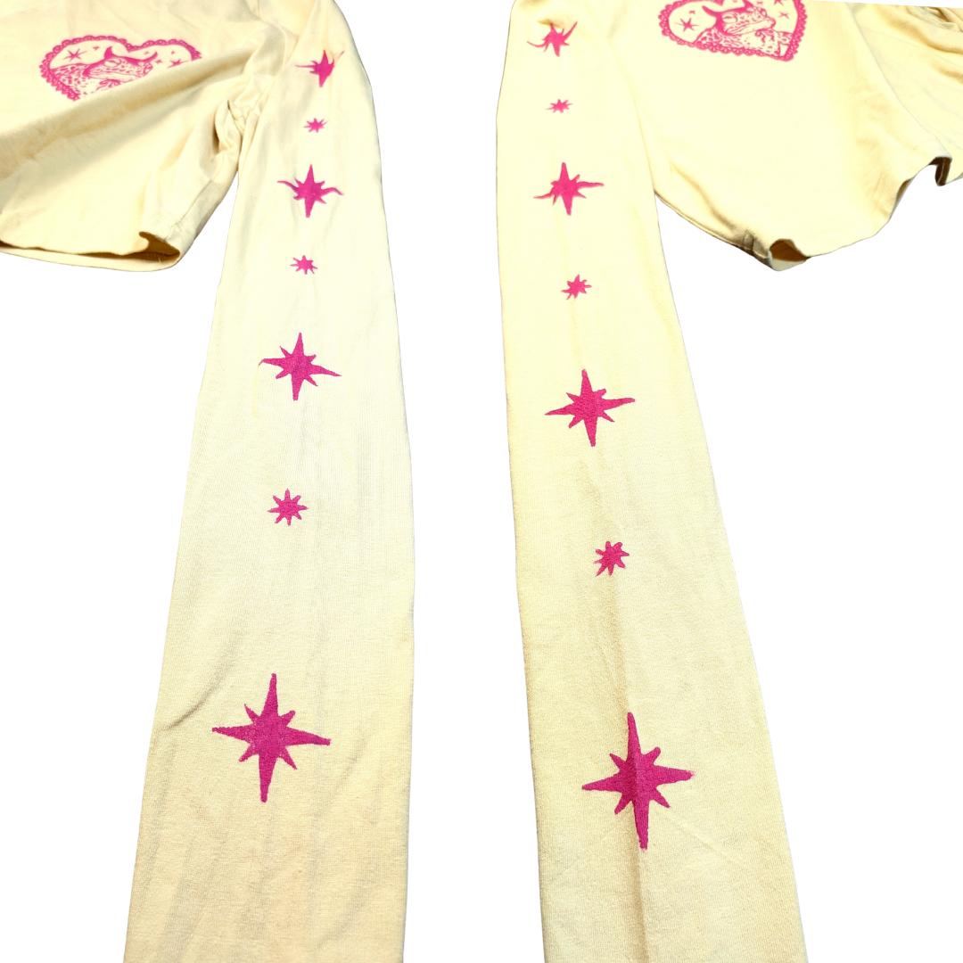 Yellow long sleeved crop top with pink Devilish Toad & Stars [S]