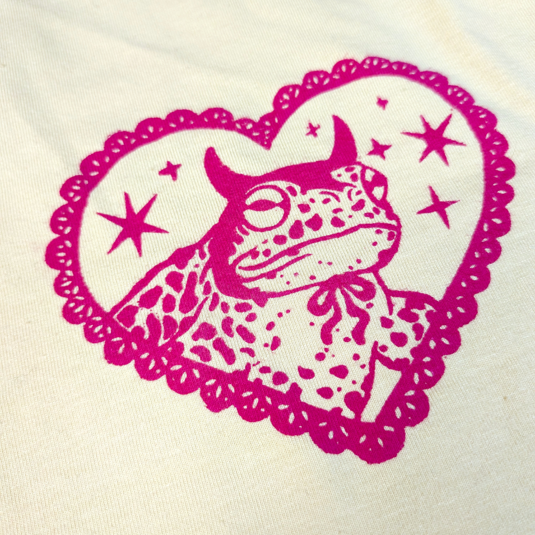 Yellow long sleeved crop top with pink Devilish Toad & Stars [S]