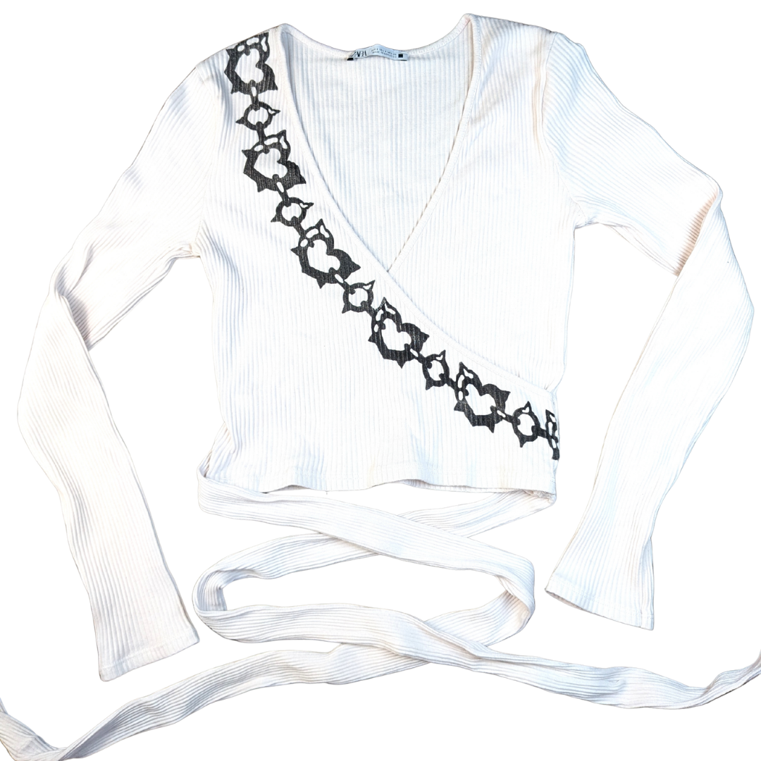 White wrap-over crop top with black Chains [S]