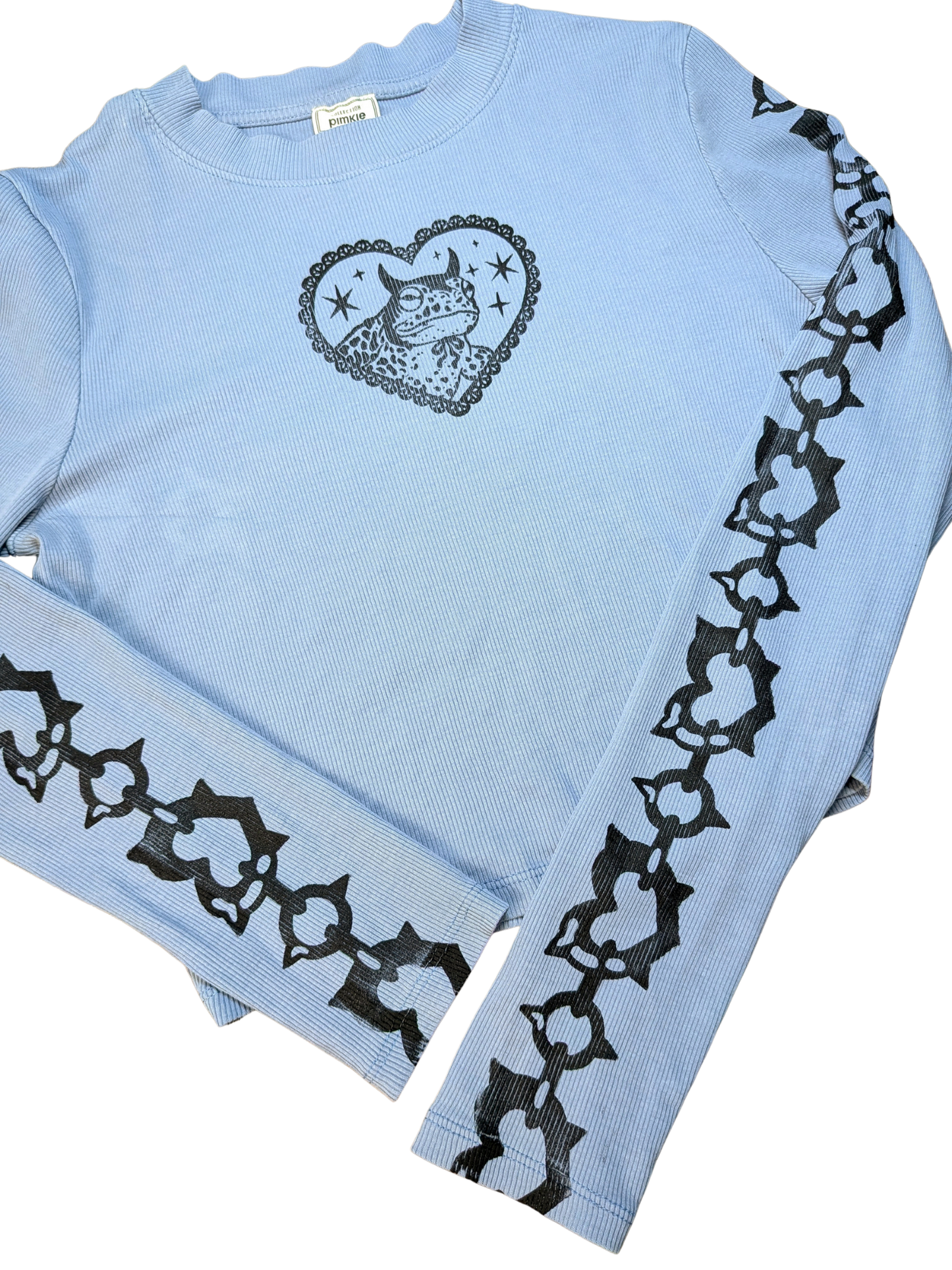 Blue long sleeved crop top with black Devilish Toad & Chains [XS/S]